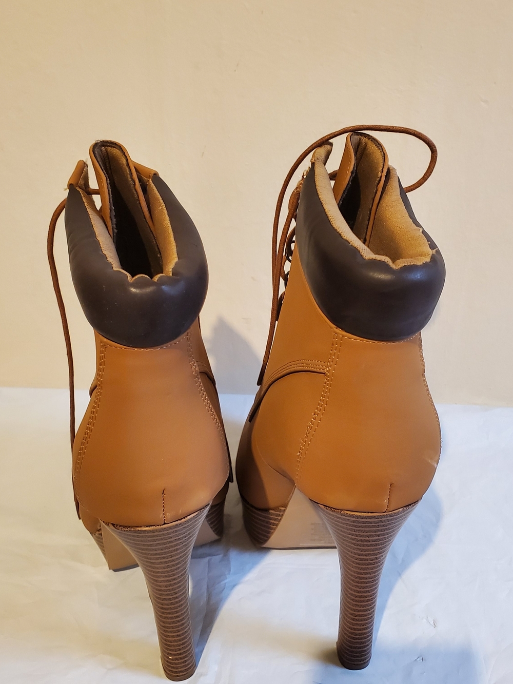 Women's Lace-Up High Heel Ankle Boots in Tan with Dark Collar